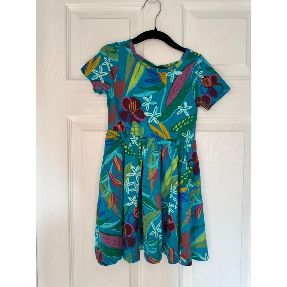 Tea Collection Girls Teal Tropical Floral Strappy Back Skater Dress Size 5